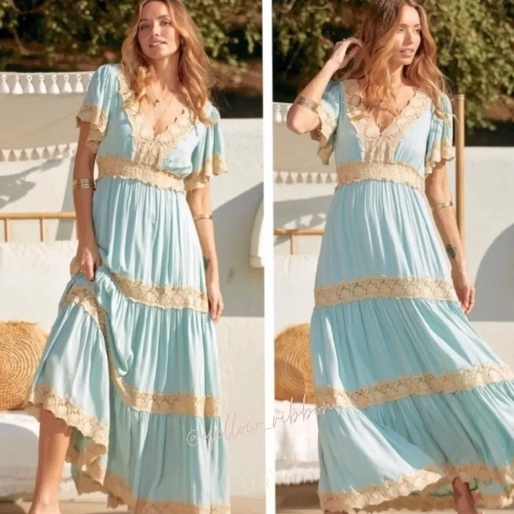 🆕 Turquoise Short Sleeve Lace Maxi Dress - Picture 1 of 5